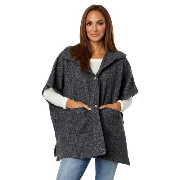 Boucle Shawl Neck Poncho With Patch Pockets Charcoal Sm-md (us Women's 4-10)🌟